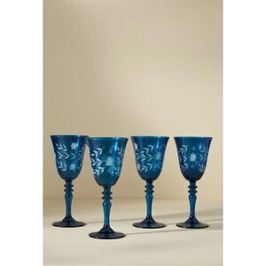 NEW Anthropologie Sofia Hand-Carved Ornate Blue Wine Soda Glass Gift Set of 4